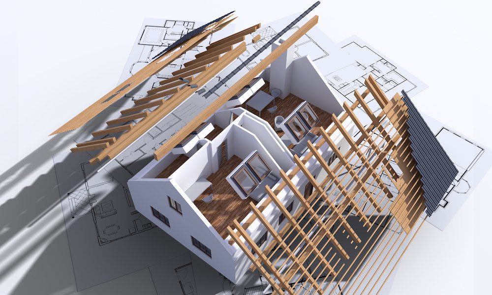 Building house on blueprints. Visualization of house construction. 3D illustration